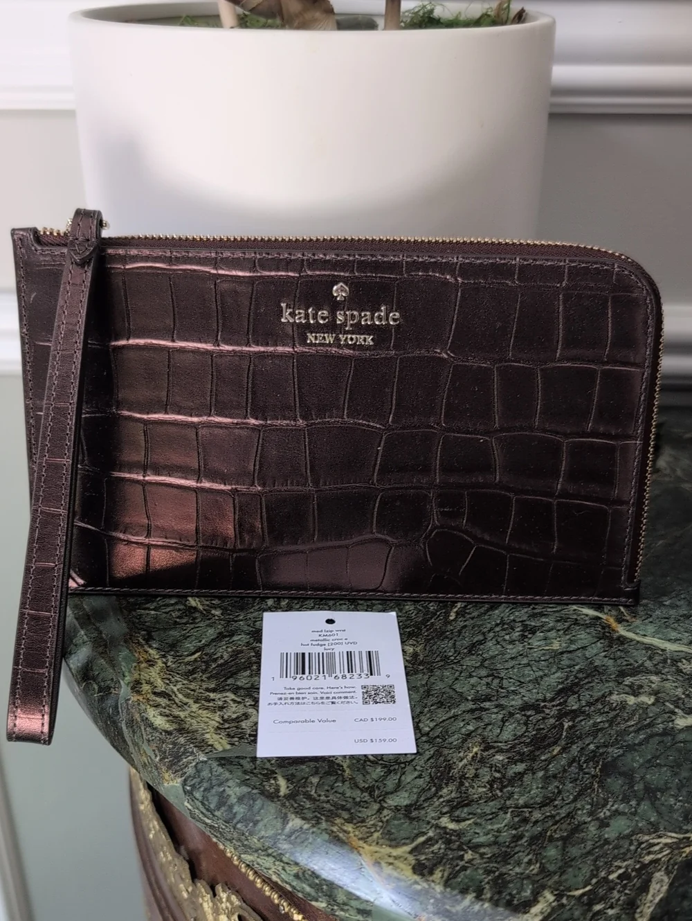 Kate Spade New York Metallic Croc-Embossed Wristlet Clutch NWT Bronze